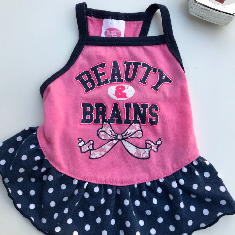 Glamour XS dog pink polkadot jersey with flatter flare blue and white do…